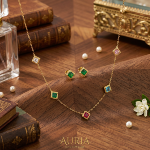 Vibrant Square-Cut Stones Elegant Anti-Tarnish Chain and Matching Earrings Set