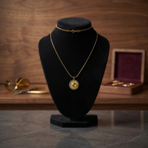 Gold-Tone A Radiant Sunburst Design With A Green Center Stone Pendant Chain