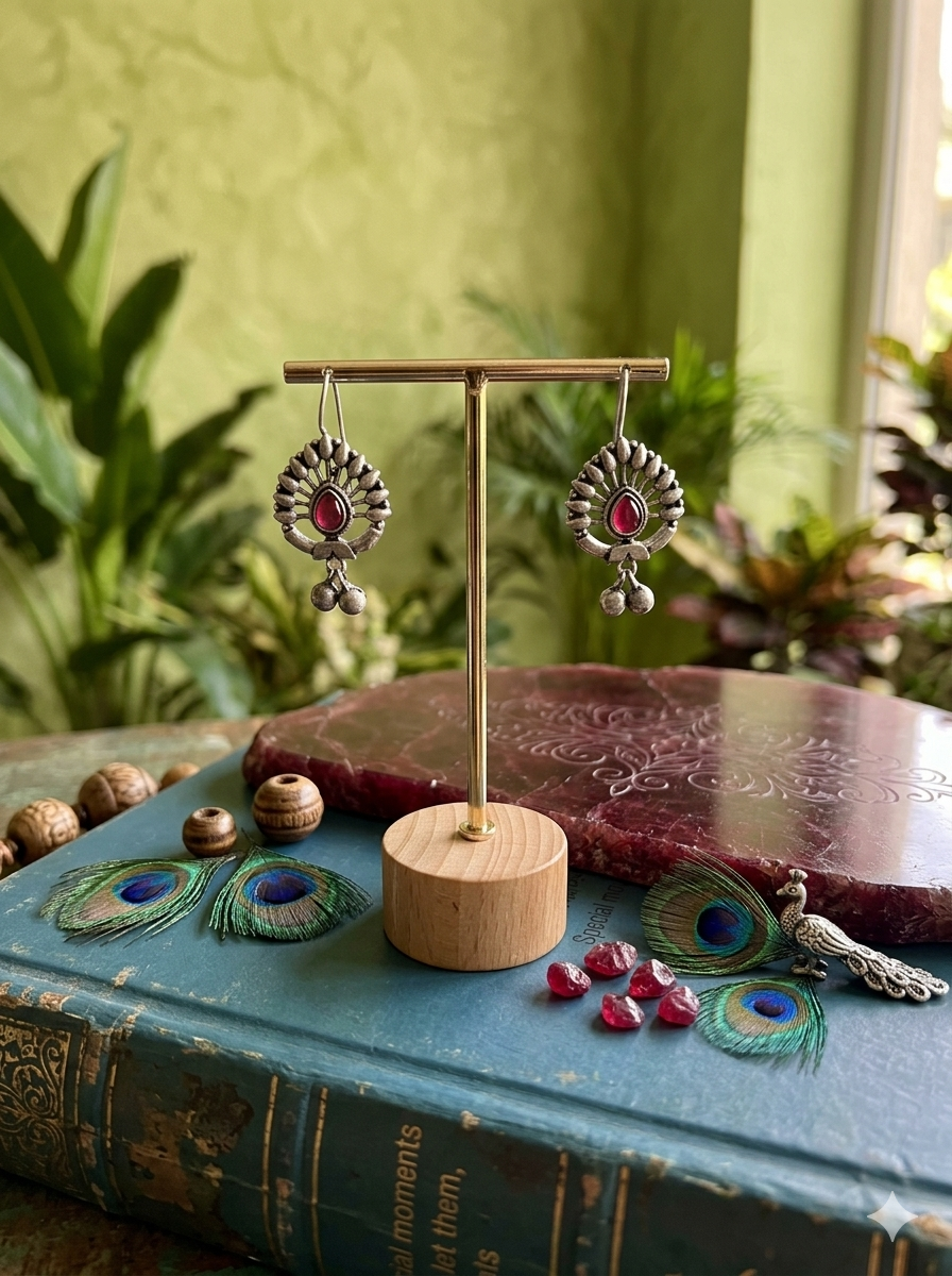 Vintage Oxidized Red Stone Drop Earrings for Women