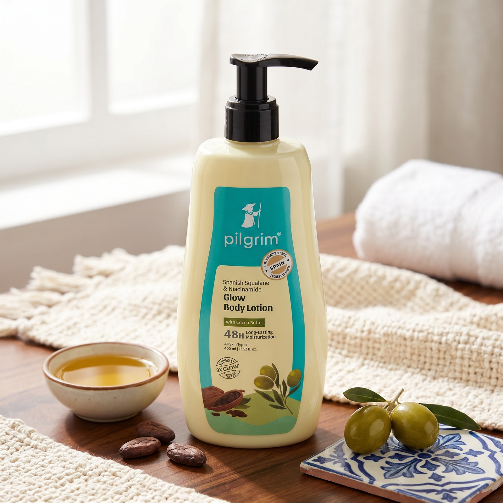 Pilgrim Spanish Squalane & Niacinamide GLOW BODY LOTION with Cocoa Butter (400 ml) 48H
